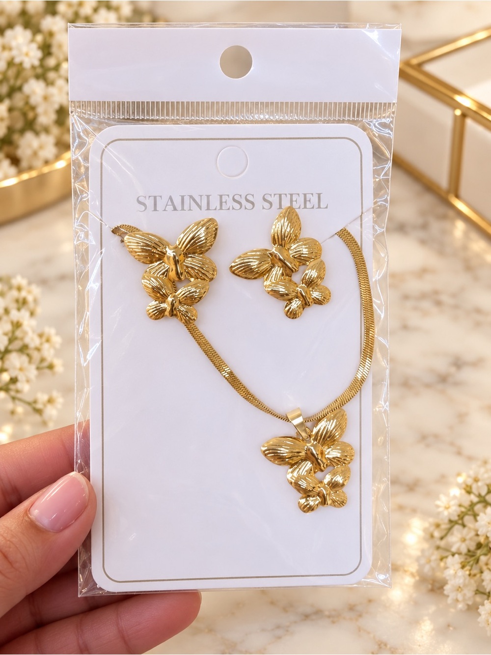 Gold Butterfly Stainless Steel Necklace and Earring Set - Elegant Gold Finish